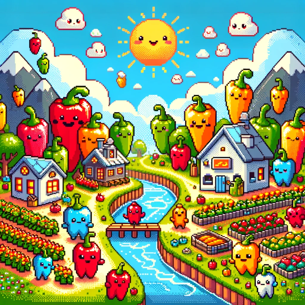 DALL·E-2024-06-03-08.52.09-A-whimsical-pixelated-world-with-colorful-pepper-characters.-The-scene-includes-a-vibrant-pepper-garden-a-cozy-village-with-houses-shaped-like-pepper